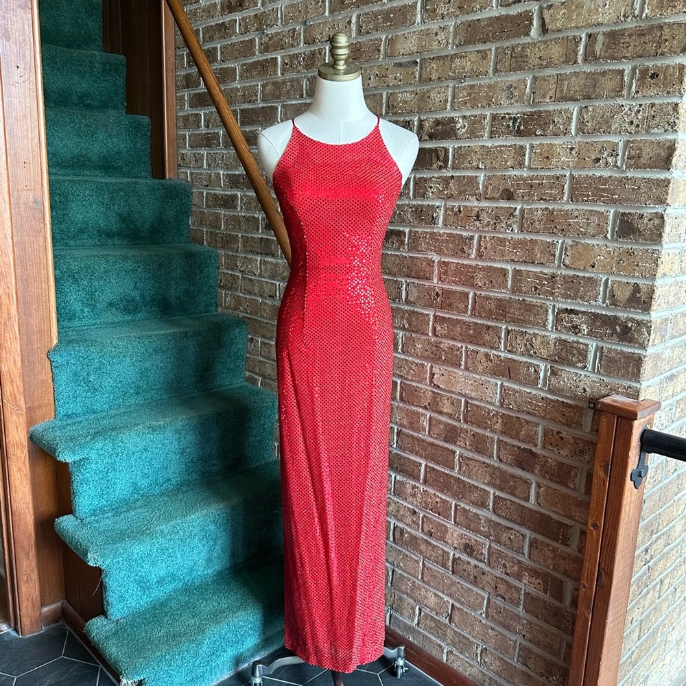 VTG 80s Retro Cherry Red Sequin Dot Disco Party Slit Back Open Back Party Dress